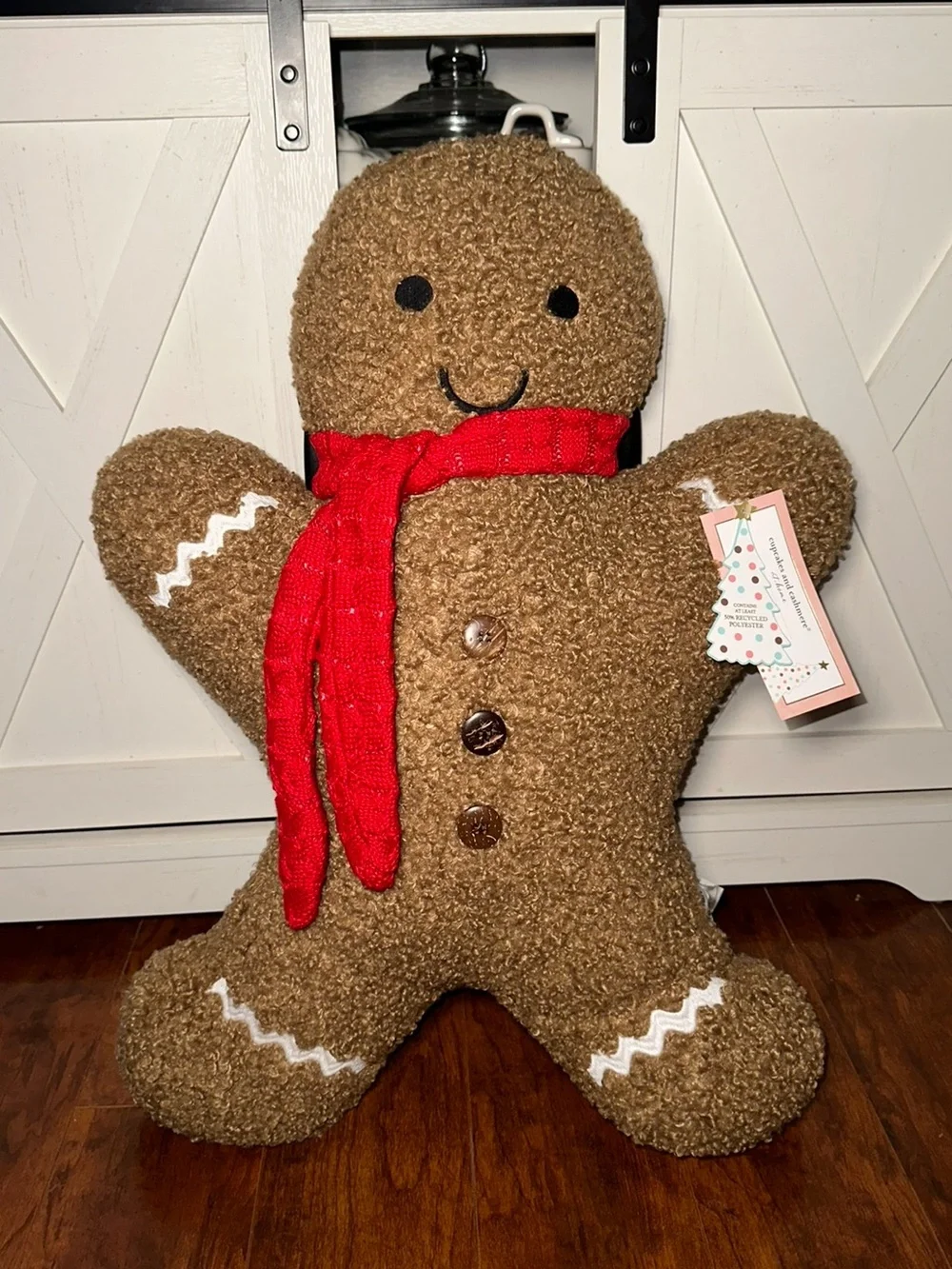 Cupcakes & Cashmere Embroidered Gingerbread Man Plush Pillow with Red Scarf